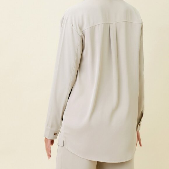 MYSTREE Beige Button Down Blouse, Long Sleeve Pocket Shirt Neutral Top - Picture 3 of 5